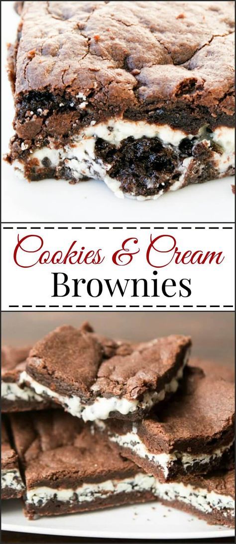 These cookies and cream brownies are so easy to make and it all starts with a chocolate cake mix and some Hershey's candy bars. Hersheys Cookies And Cream, Cookies And Cream Brownies, Bars Chocolate, Oreo Chocolate, Diy Easy Recipes, Cookies Cream, Cookie Brownie Bars, Cookies N Cream Cookies, Sweet Basil