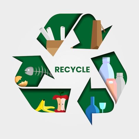 Recycling symbol with various objects th... | Premium Vector #Freepik #vector #waste-recycling #plastic-recycle #waste #plastic-waste Recycle Graphic Design, Aesthetic Recycling, Recycling Logo Design, Recycle Poster Design, Recycle Drawing, Waste Management Projects, Recycling Poster, Food Recycling, Recycling Logo