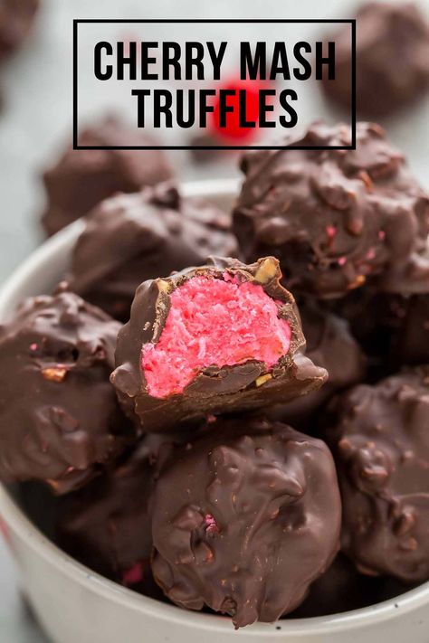 These Cherry Mash Truffles are a delicious copycat recipe of Cherry Mash candy featuring a soft cherry center, covered in chocolate peanut coating. #cherrymash #candy Cherry Mash Candy, Cherry Mash Candy Recipe, Best Truffles, Cherry Mash, Chocolate Covered Cherries Recipe, Scream Christmas, Delight Dessert, Cherry Delight, Making Candy