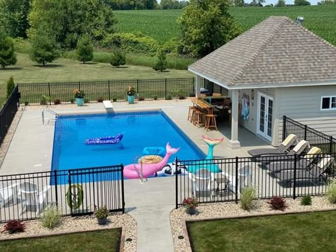 Fenced In Pool Landscaping, Landscape Around Pool Fence, Pool Location In Yard, Gated Pool Backyards, Pool With Fence Around It, In Ground Pool Landscaping, Fencing Around Pool, Fenced In Pool, Pool With Fence