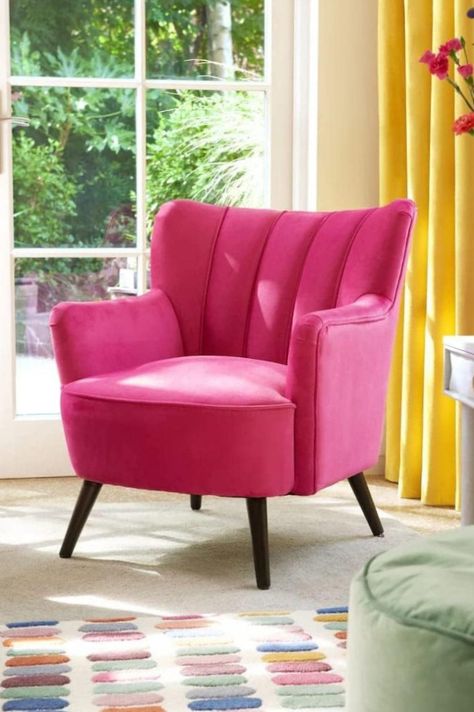 Woodspace Dukan Wing Chair for Living Room Bedroom High Back Arm Chair Cushioned Lounge Chair (Pink)  22% off  ￼  ￼  ￼￼  ￼  ￼  ￼  ￼  ￼ Hot Pink Accent Chair, Bedroom Nook Ideas, Blush Living Room Decor, Kitchen Seating Ideas, Living Room Play Area, Blush Living Room, Modern Living Room Chairs, Pink Accent Chair, Pink Velvet Chair