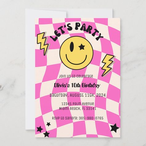 Preppy Hot Pink Y2K Smile Birthday Invitation Smiley Birthday, Smile Birthday, Hot Pink Y2k, Pink Y2k, Face Design, Diy Business, Hat Crafts, Birthday Party Invitations, Gaming Wall Art