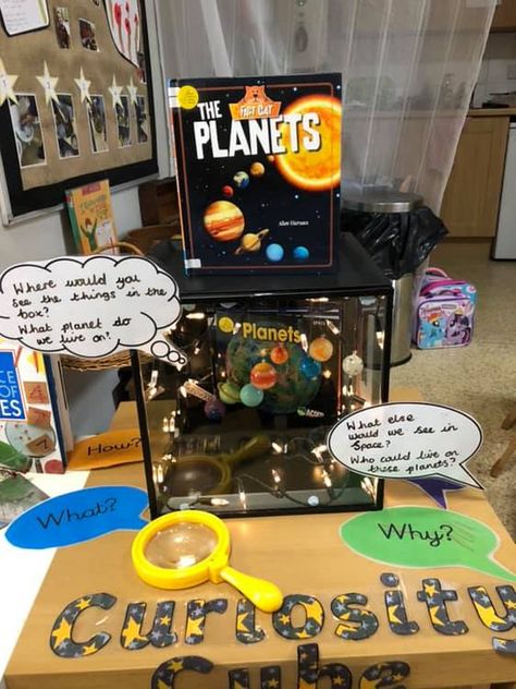 We love this curiosity cube centred on the topic of planets and space. What is a curiosity cube? Have a read of our adult guidance kit to start creating and using your own curiosity cubes. Sign up to Twinkl to discover thousands of teaching resources!   #curiositycube #cube #planets #space #explore #world #teaching #teach #twinkl #twinklresources #teachingresources #eyfs #classroom #classroomideas Space Investigation Eyfs, Curiosity Box Eyfs, Curiosity Box Ideas Eyfs, Curiosity Cube Ks1, Space Continuous Provision Eyfs, Investigation Station Eyfs, Eyfs Understanding The World Activities, Space Continuous Provision, Curiosity Box Ideas