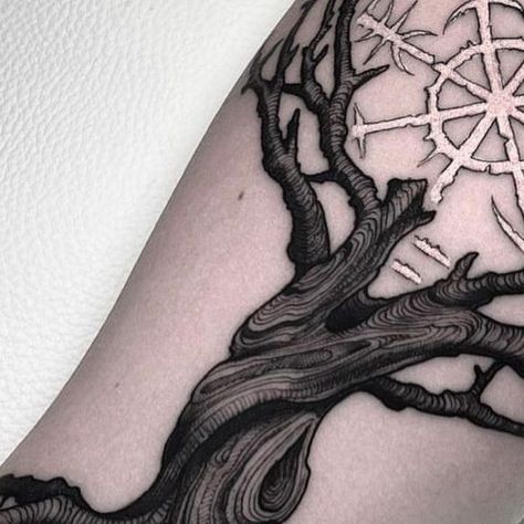 Josh Hurrell ⚔️ on Instagram: "For bookings, there’s a link in my bio! Just fill out the form and I’ll get back to you as soon as possible Made with @whitfieldstattooco #tattoos #blackwork #dotworktattoo #neotraditional #norsetattoo #blackandgreytattoos" Blackwork Tree Tattoo, Neotraditional Tree Tattoo, Neo Traditional Tree Tattoo, Neo Traditional Blackwork, Dark Tree Tattoo, Black Tree Tattoo, Neotraditional Tattoo Black And Grey, Bonsai Tattoo, Celtic Tree Tattoos