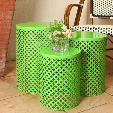 PRICES MAY VARY. Sturdy and Reliable: these nesting side tables are made of sturdy, not easily rusty metal with a stable surface that can withstand a capacity of up to 55 lbs; Size: Large: 14.5"D x 19.25"H, Medium: 12.5"D x 16.5"H, Small: 10.5"D x13.75 "H; Comes with a waterproof outdoor furniture cover Vintage Elegance: the outdoor garden stool features a green finish that is simple and welcoming, and a special metal laser cut elegant openwork pattern that gives it a classic chic appeal and int Outdoor Side Table Ideas, Colorful Side Table, Diy Patio Side Table, Waterproof Outdoor Furniture, Rustic Outdoor Decor, Chic Coffee Table, Patio Side Table, Outdoor Living Decor, Porch Furniture