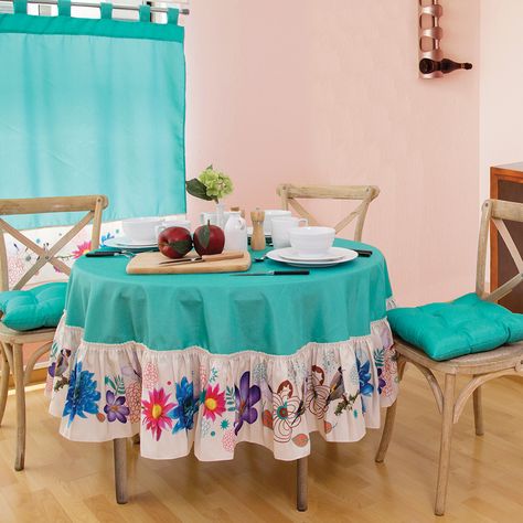 Mantel Redondo Amazonas  #Cocina #Accesorios #Decoracion #Hogar #IntimaHogar  #Aqua Dining Table Cloth, Table Clothes, Wine Painting, Mantel Redondo, Home Tools, Kitchen Curtains, Diy Home Crafts, Kitchen Stuff, Home Decor Kitchen