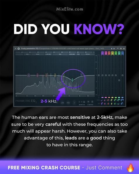 Free Mixing Crash Course 👉 MixElite.com/free-course ⁠ EQ Tip: Tune into 2-5kHz 🎧⁠  ⁠ #MixingTips #MusicProduction #AudioEngineering #EQSettings #ProducerLife #StudioTips #SoundDesign #BeatMaking #MusicProducers #FruityParametricEQ2 #MixingMasterclass Music Basics, Music Engineers, Sound Engineering, Audio Engineering, Audio Production, Music Mixing, Music Tutorials, Music Learning, Music Studio Room