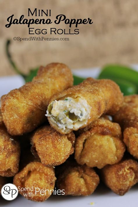 These Mini Jalapeno Popper Egg Rolls are the perfect snack!  If you love Jalapeno Poppers, you'll love these... crispy, cheesy, creamy & spicy! Jalapeno Popper Egg Rolls, Telur Gulung, Homemade Egg Rolls, Spend With Pennies, Egg Roll Recipes, Jalapeno Popper, Egg Roll, Jalapeno Poppers, Best Appetizers