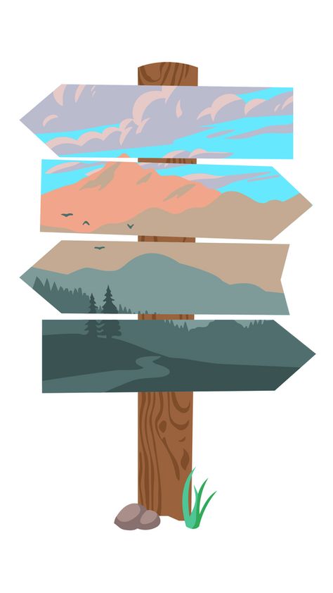 This travel signpost isn't so simple as could seem at first. It leads to a beautiful landscape with mountains and forest. It is a perfect place for calming down and get some privacy here. Sounds like... Adventure Logos, Camping Stickers, Artistic Backgrounds, Mountains And Forest, Landscape With Mountains, Mountain Printable, Woodland Animals Theme, Travel Clipart, Travel Party Theme