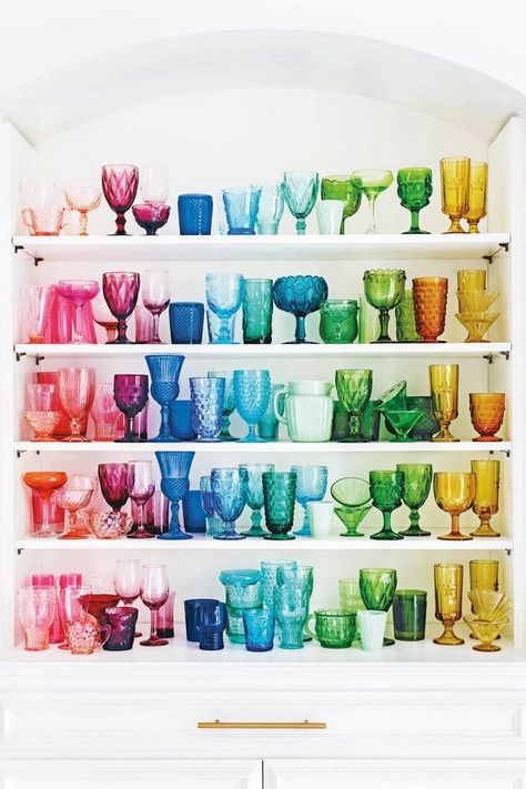 Rainbow Glassware, Kitchen Cupboard Organization, Deco Pastel, Elsie Larson, Domino Magazine, Colored Glasses, Kitchen Hacks Organization, Colored Glassware, Décor Boho