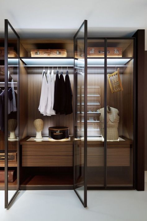 Observed recently: closets and wardrobes with glass doors to encourage orderliness (and easy access on rushed mornings). Best Closet Systems, A Walk In Closet, Glass Closet, Modular Closets, Dressing Room Closet, Walking Closet, Walk In Closet Design, Open Closet, Modern Closet