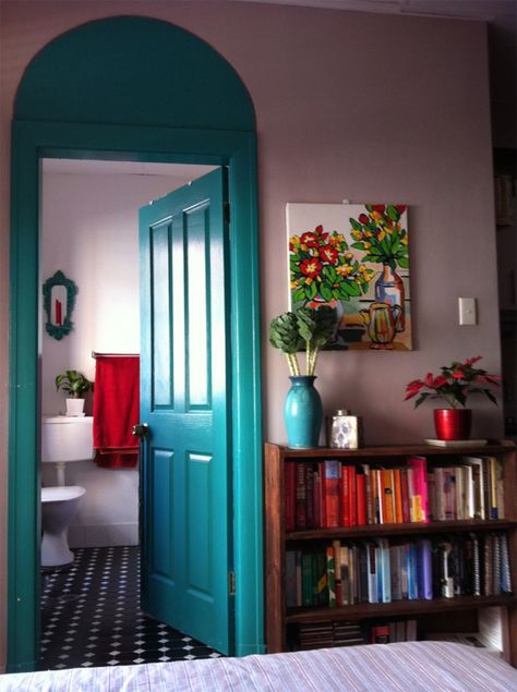 paint an arch over the door to add extra detail. LOVE that idea for a tall wall... we have some of those! 2023 Boho Home Decor, Mint Bedroom, Office Redo, Bohemian Homes, Turquoise Door, Painted Interior Doors, Wall Pops, Wall Paintings, Creative Spaces