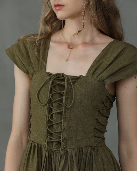 Mid Calf Dress, Looks Country, Mid Calf Dresses, Linen Maxi Dress, Dress Cocktail, Mid Dresses, Green Lace, Corset Dress, Linen Dress