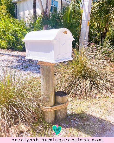 Easy Weekend Projects Diy, Mailbox Post Ideas, Coastal Mailbox, White Mailbox, Mailbox Stand, Large Mailbox, Diy Home Improvements, Telephone Pole, Mailbox Makeover