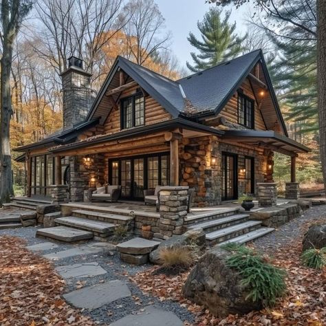 Log Siding Exterior Colors, Stone Addition To Log Home, Dark Log Cabin Exterior, Black Log Cabin Exterior, Timeless Exterior, Log Homes Exterior, Log Cabin Exterior, Farmhouse Style Exterior, Cabin Style Homes