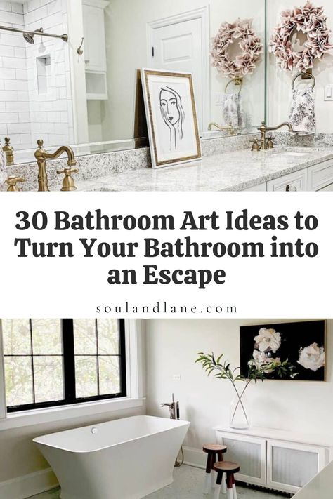 Turn your bathroom into a sanctuary of serenity with our transformative art ideas, designed to elevate your space into a personal escape. Picture walls adorned with calming landscapes, abstract washes of color that mimic the tranquility of water, or botanical prints that bring the essence of nature indoors. Incorporate art in unexpected places, like a small gallery wall opposite a mirror or an oversized piece above the tub, to create focal points that draw the eye and calm the mind. Ideal for th Guest Bathroom Artwork Wall Art, Small Bathroom Artwork, Art Work In Bathroom, Art In The Bathroom, Pictures In Bathroom, Bathroom Picture Ideas Wall Art, Art In Bathroom, Bathroom Art Ideas, Modern Bathroom Art