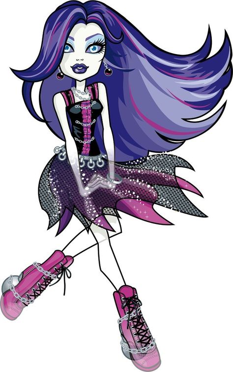 Monster High: Spectra Vondergeist! Spectra Vondergeist is the daughter of a ghost couple. She writes an anonymous gossip blog called the Ghostly Gossip, and an advice column for the Monster High student newspaper, and as such is a bit of a rumor-monger. As a ghost herself, she can float and pass through walls. Spectra has a pet ferret named Rhuen. Spectra Vondergeist, Purple Hair, Monster High, Purple, Hair, Blue