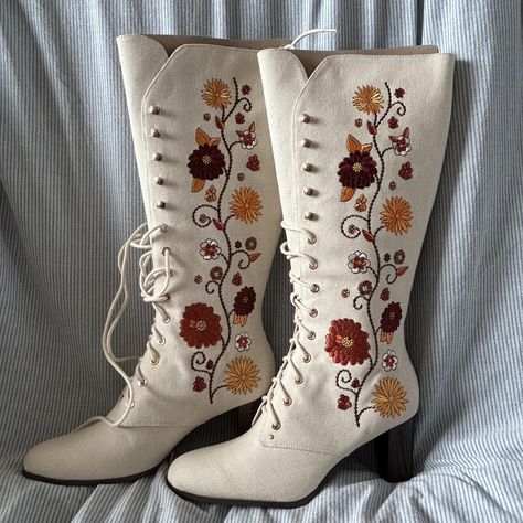 THE HIPPIE SHAKE PENNY LANE CREAM FLORAL EMBROIDERED... - Depop Penny Lane Shoes, Hippie Shake Boots, Penny Lane Boots, The Hippie Shake, Lane Boots, Embroidered Boots, 2024 Style, Penny Lane, Thrift Finds