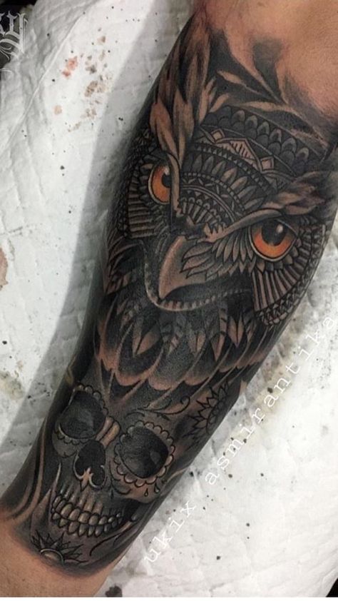 Owl & skull tattoo Owl On Skull Tattoo, Owl Indian Tattoo, Indian Owl Tattoo, Owl And Skull Tattoo, Owl Skull Tattoos, Owl Legs, Mexican Skull Tattoos, Tattoo Owl, Band Tattoos For Men