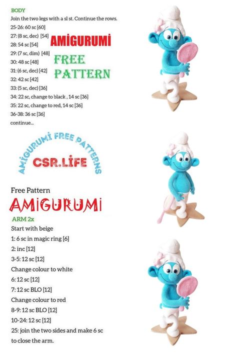 Amigurumi Smurf Free Pattern, Crochet Smurf Pattern Free, Disney Crochet Patterns, Free Amigurumi Crochet Patterns, Crochet Stitches Chart, Easy Crochet Animals, Crochet Disney, Crochet Dolls Free Patterns, Animal Sewing Patterns