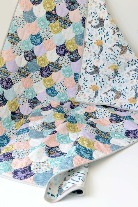 Fabric is from Siren Song collection by Hawthorne Supply Co. Planning For Baby, Clamshell Quilt, Mermaid Quilt, Siren Song, Mermaid Painting, Vintage Mermaid, Indie Sewing Patterns, Girls Quilts, Quilting For Beginners