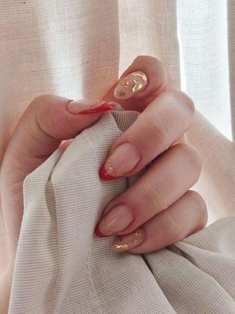 Red And Gold Nails Acrylic Almond, Red Gold French Nails, Red And Gold Acrylic Nails Short, Red Gold Almond Nails, Trendy Nails Red And Gold, Red Gold French Tip Nails, Red And Gold Tip Nails, Red Gold Nails Acrylic, Red French Tip Nails With Gold