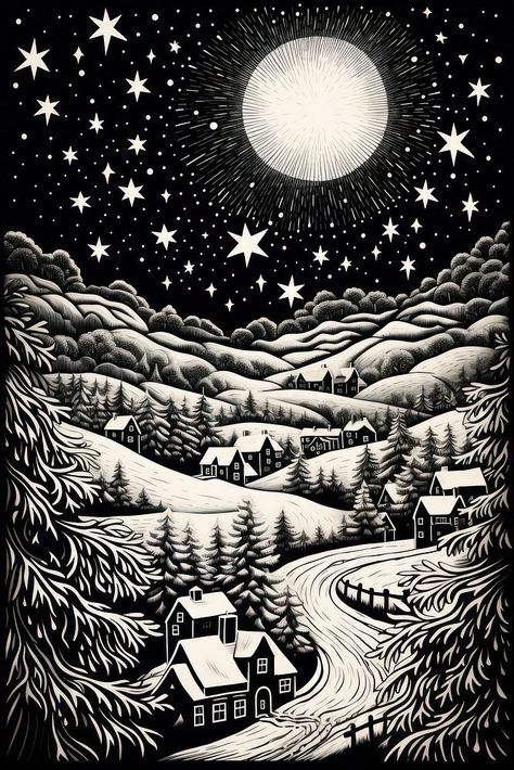 Silent night drawing nature white.  | premium image by rawpixel.com / Tung Christmas Wallpaper Black And White, Black And White Christmas Drawings, Linocut Art Christmas, Christmas Card Black And White, Snowy Night, Xmas Drawing, Christmas Sketch, Winter Drawings, Book Christmas Tree