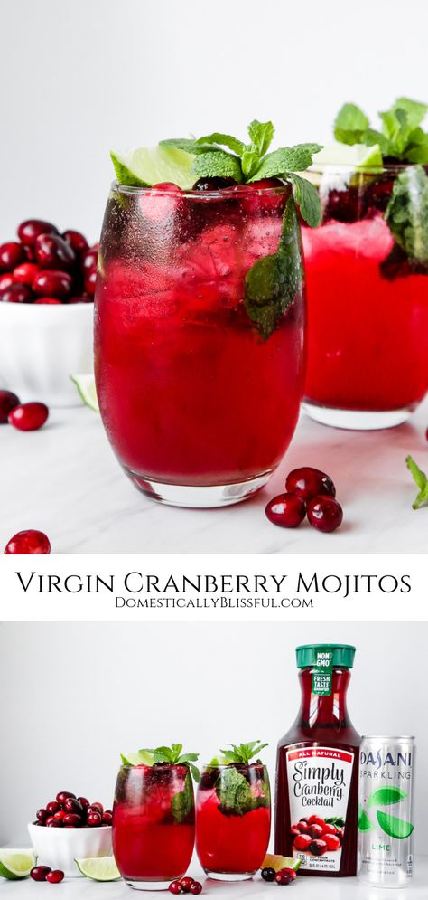 These Virgin Cranberry Mojitos are the perfect festive drink for your next holiday party that everyone can enjoy! Virgin Cocktail Recipes, Cranberry Mocktail, Drinks With Cranberry Juice, Domestically Blissful, Nonalcoholic Drinks, Berry Cocktail, Virgin Cocktails, Virgin Drinks, Winter Cocktails Recipes