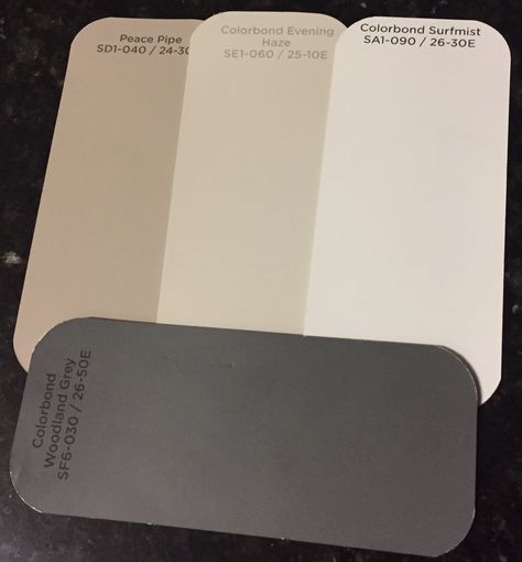 Evening Haze Colorbond, Evening Haze Exterior, Exterior Render Colours, Paperbark Colorbond Colour Schemes, Render Colours Exterior, Woodland Grey Roof, Colorbond House Colour Schemes, Woodland Grey Exterior Colour Schemes, Surfmist Exterior Colour Schemes