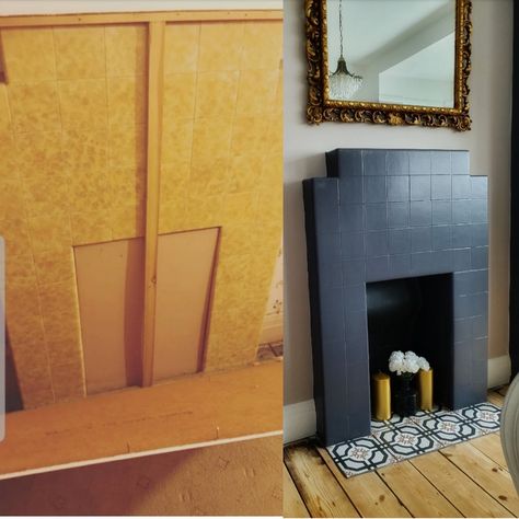 Deco fireplace. How we gave our 1930s tiled fireplace a stylish makeover #periodfeatures #artdeco #artdecofireplace #tiledfireplace #interiorinspo #firedearthtiles #firedearth #makeover 1960 Fireplace Makeover, 1930s Tiled Fireplace, Art Deco Tiled Fireplace, 1930 Fireplace Makeover, 1930s Fireplace Makeover, 1920s Fireplace, Artsy House, 1930s Fireplace, Deco Fireplace