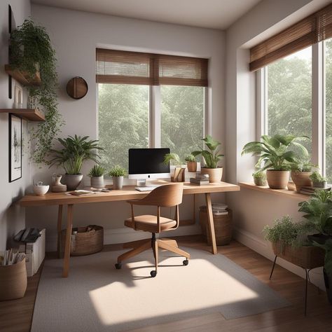 Home office 🤍 Earth Tone Home Office, Scandinavian Home Office Ideas, Japanese Desk Setup, Earthy Office Space, Earth Tone Office, Apothecary Office, Nature Inspired Office, Boho Office Room, Japanese Home Office