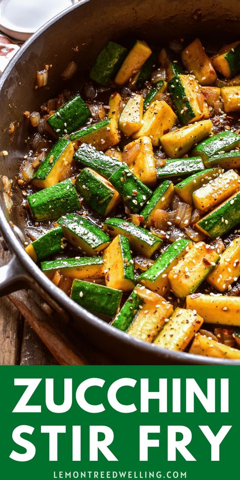 Stir fried zucchini and onions in a sweet and savory sauce, garnished with sesame seeds and crushed red pepper flakes. This dish is delicious over rice or all on its own! Low Carb Recipes Asian, Asian Squash And Zucchini, Zucchini Onion Stir Fry, Zucchini Ideas Dinners, Thai Zucchini Recipes, Zucchini Stir Fry Veggies, Pepper Zucchini Recipes, Zucchini And Onions Recipes, Chicken Stir Fry With Zucchini And Squash