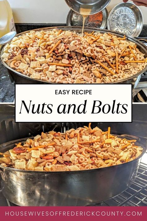 nuts and bolts recipe Bits And Bites Recipe, Chex Cereal Recipes, Nuts And Bolts Recipe, Savory Chex Mix Recipes, Savory Chex Mix, Party Mix Snacks, Homemade Chex Mix, Cereal Snacks, Chex Mix Recipes