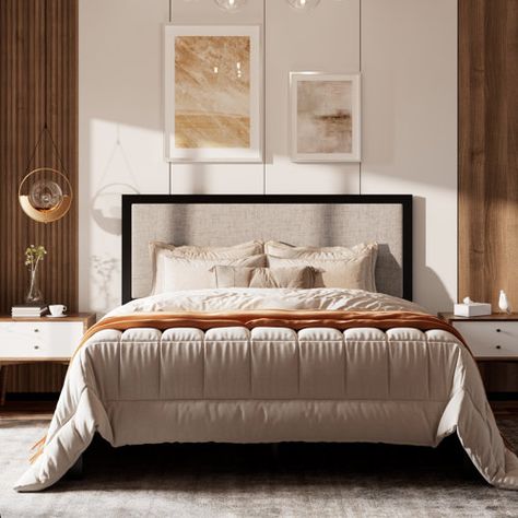 Zipcode Design™ Aquavia Metal Platform Bed Frame with Upholstered Headboard | Wayfair Metal Upholstered Bed, Upholstered Headboard Bedroom, Platform Bed Headboard, Essex Boys, Simple Headboard, Headboard Upholstered, Headboard Ideas, Linen Headboard, Wingback Bed