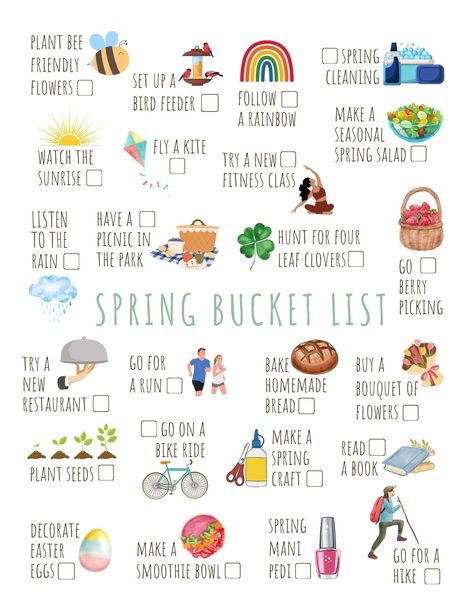 "This INSTANT DOWNLOAD Printable Spring Bucket List allows you to check off 24 different great way to celebrate Spring! All you need to do is simply download and print as many copies as you would like! *INCLUDED*  - 8.5x11 PDF After Purchase: -Once you have purchased this item you will instantly have access to the Etsy download page and you will also receive a download link in your email. -Click \"download\" and save the file to your computer. -You can also follow this link: https://www.etsy.com/your/purchases and then to the right of your order, click to \"Download Files\" -Simply print your file at home and you are ready to go INSTANT DIGITAL DOWNLOAD (no physical print will be mailed to you) You will receive an e-mail from Etsy with your downloadable PDF link after your payment is confi March Bucket List 2024, Spring List Things To Do, April Bucket List 2024, Toddler Spring Bucket List, Fun Things To Do In Spring, April Bucket List Ideas, May Bucket List Ideas, April To Do, Spring Bucket List For Kids