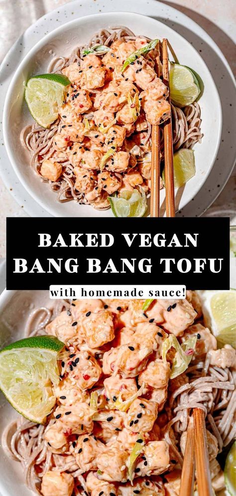 This vegan bang bang tofu is baked until crispy and tossed in a creamy, homemade spicy mayo sauce. Served with crisp butter lettuce and sesame soba noodles, this high protein tofu dish packs a flavorful, slightly spicy punch. No store-bought sweet chili sauce is required! The tofu can also be made in the air fryer on it can be pan fried until crispy.  It would make a delicious spring or summer plant based weeknight dinner. Vegan Soba Noodle Recipe, Vegan Protein Dinner, Soba Noodles Recipe, Tofu Noodles, Tofu Recipes Vegan, Asian Noodle Recipes, Pasta Noodle Recipe, Tofu Dishes, Vegan Mayonnaise