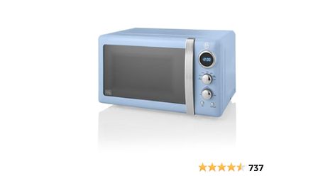 Swan SM22030LBLN Retro LED Digital Microwave with Glass Turntable, 5 Power levels & Defrost Setting, 20L, 800W, Blue Turntable, Led, Glass, Blue