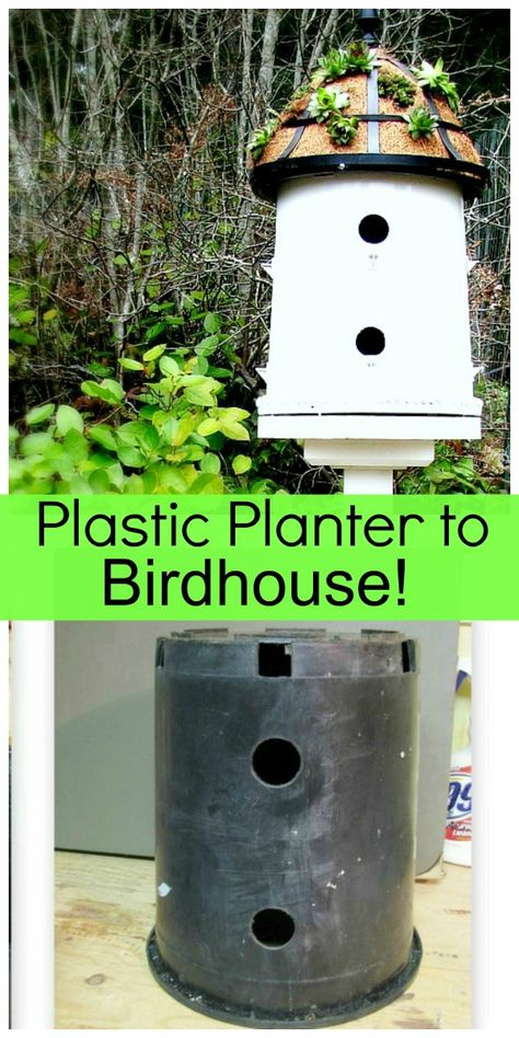 upcycle a black plastic planter pot into a birdhouse tutorial from Blue Roof Cabin {DIY Saturday featured project @ A Cultivated Nest} Upcycle Plastic, Homemade Bird Houses, Cabin Diy, Easy Bird, Bird Houses Ideas Diy, Planter Project, Plastic Planter, Bird House Plans, Blue Roof