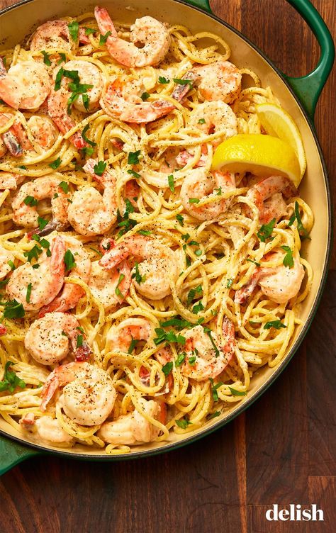 Creamy Lemon Pepper Shrimp Spaghetti is like summer in a pan. Get the recipe at Delish.com. #recipe #easy #easyrecipes #delish #lemon #pepper #spaghetti #shrimp #seafood #pasta #summer Lemon Pepper Shrimp, Shrimp And Pasta, Pasta With Shrimp, Shrimp Spaghetti, Pepper Shrimp, Dish Ideas, Shrimp Dishes, Seafood Pasta, Spaghetti Recipes