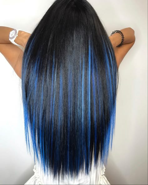 Blue Hair Underneath, Blue And Black Braids, Black Braids Hairstyles, Blue Hair Streaks, Exotic Hair Color, Blue Hair Highlights, Undercut Long Hair, Blue Black Hair, Blue Ombre Hair