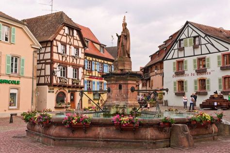 Eguisheim, France Half-timbered buildings and Alsace go together like wine and, well, Alsace. One of several fairytale Alsace towns on this list, Eguisheim traces its history back to the Paleolithic.  Photo: Tambako The Jaguar Alsace France, Film Disney, France Photos, Town Square, Trondheim, Beaux Villages, Colmar, Disney Films, Machu Picchu