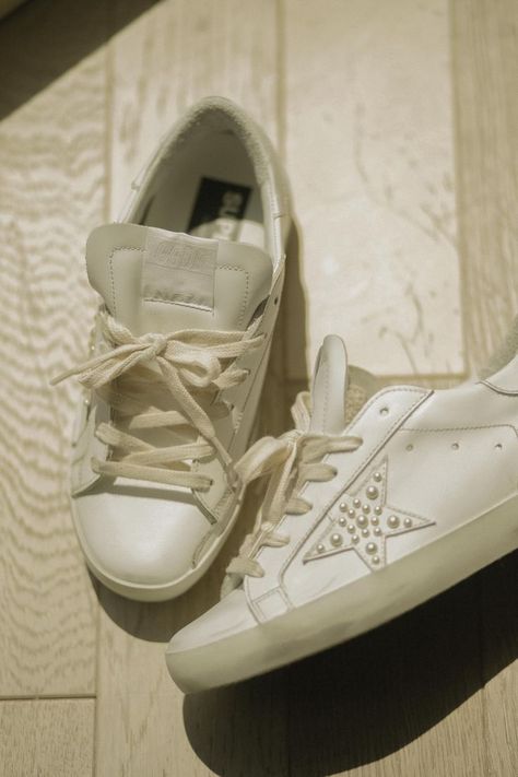 white sneakers worn for wedding, Golden Goose sneakers with pearls and off-white laces Golden Goose Wedding, Wedding Golden Goose, Party Sneakers, Bride Sneakers, Bridal Sneakers, Dance All Night, Wedding Sneakers, Preppy Shoes, Sedona Wedding