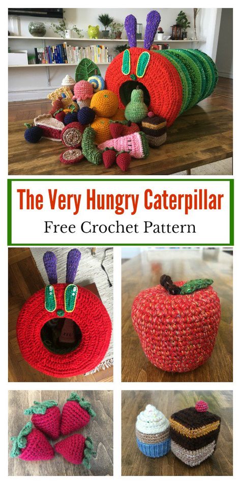 The Very Hungry Caterpillar Free Crochet Pattern #freecrochetpatterns #toy Crochet Baby Toys, Crochet Food, The Very Hungry Caterpillar, Haken Baby, Very Hungry Caterpillar, Very Hungry, Hungry Caterpillar, Diy Crochet Projects, Crochet Toys Patterns