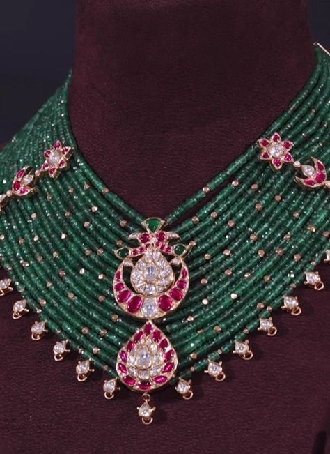 Kundan Jewellery Choker, Beads Choker Necklace Indian Gold, Beads Jewelry Indian Gold Latest, Radhika Jewellers Usa, Green Beads Indian Jewellery, Latest Beads Jewellery Designs, Jewellery Design Gold, Gold Necklace Bridal, Latest Gold Jewellery