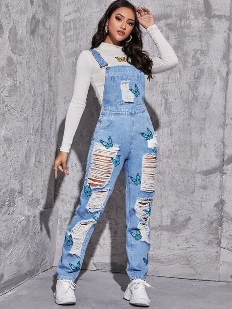 Astrid Aesthetic, Ripped Denim Overalls, Cute Ripped Jeans, Shein Outfits, Trendy Outfits For Teens, Butterfly Embroidery, Tomboy Style Outfits, Classy Casual Outfits, Easy Trendy Outfits