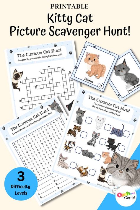 Are you looking for a fun Kitty Cat printable game for all ages?

The Cat Scavenger Hunt will be a huge hit with everyone at a slumber party, hide the pictures around the house and let the kid have fun searching for them.  Print and play today! Picture Scavenger Hunt, Picture Scavenger Hunts, Kitten Birthday Party, Girls Party Games, Kitten Birthday, Cat Printable, Cat Picture, Cat Birthday Party, Printable Animals