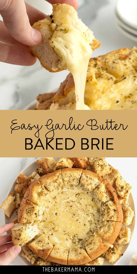 Easy Garlic Butter Baked Brie in a Bread Bowl is a simple, appealing and indulgent appetizer everyone will enjoy. Serve up anything but the ordinary with this incredible new appetizer. Creamy brie brushed with seasoned garlic butter and baked in a sourdough loaf–wow! This Garlic Butter Baked Brie in a Bread Bowl is indulgent and delicious and effortless. It’s unbrielievable! Garlic Butter Brie Bread, Brie Cheese Bowl Recipes, Garlic Butter Baked Brie In A Bread Bowl, Brie Garlic Dip, Sourdough Bowl Dip, Brie Sourdough Bowl, Baked Brie In Sourdough Bread, Brie Cheese Baked, Bread Brie Bowl