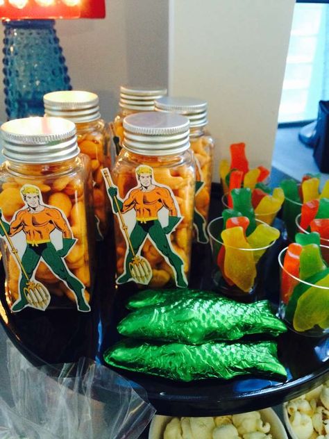 Aquaman treats at a superhero birthday party! See more party planning ideas at CatchMyParty.com! Justice League Party Food, Super Villain Party, Aquaman Party Ideas, Justice League Birthday Party Ideas, Aquaman Birthday Party Ideas, Food Snacks Ideas, Aquaman Birthday, Justice League Birthday Party, Aquaman Party