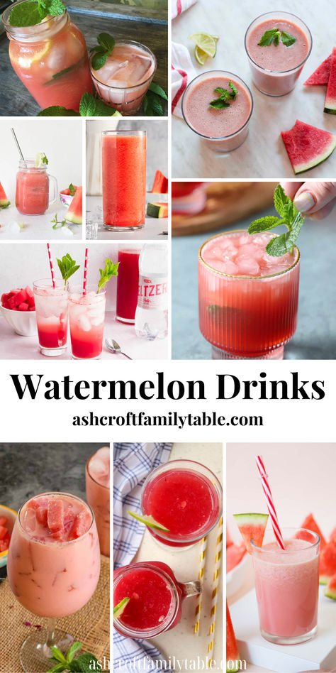 Collage of non-alcoholic watermelon drinks for kids and adults for summer. Watermelon Mocktail Non Alcoholic, Watermelon Drink Nonalcoholic, Mocktails Lemonade, Watermelon Mocktails, Watermelon Drink Recipes, Drinks Without Alcohol, Savory Watermelon Recipes, Watermelon Mocktail Recipe, Summer Drink Recipes Nonalcoholic