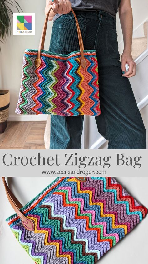 Uncinetto Zig Zag, Sac Granny Square, Zig Zag Crochet, Tote Crochet, Handbags Patterns, Yarn Ideas, Crocheting Patterns, Confection Au Crochet, Scrap Yarn